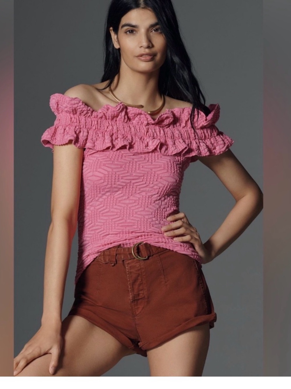 Maeve Textured One-Shoulder Ruffle Knit  in Pink